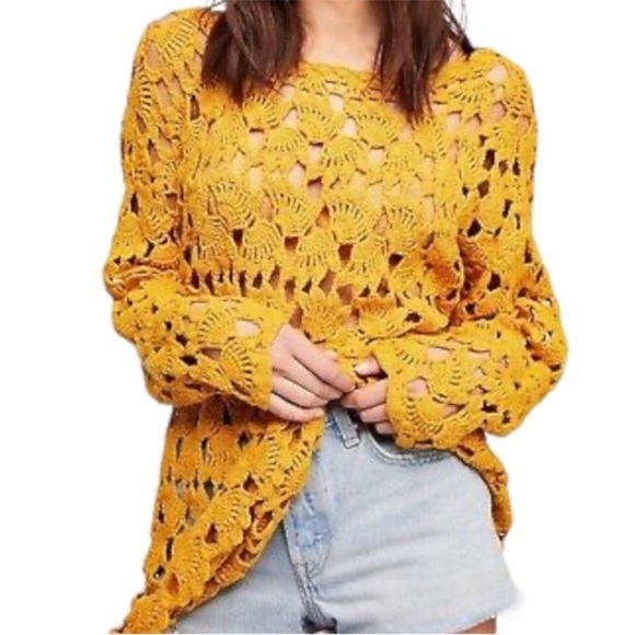 Free People Little Fan Crochet Sweater Tunic Mini Dress Yellow Knit Size XS - Picture 1 of 16